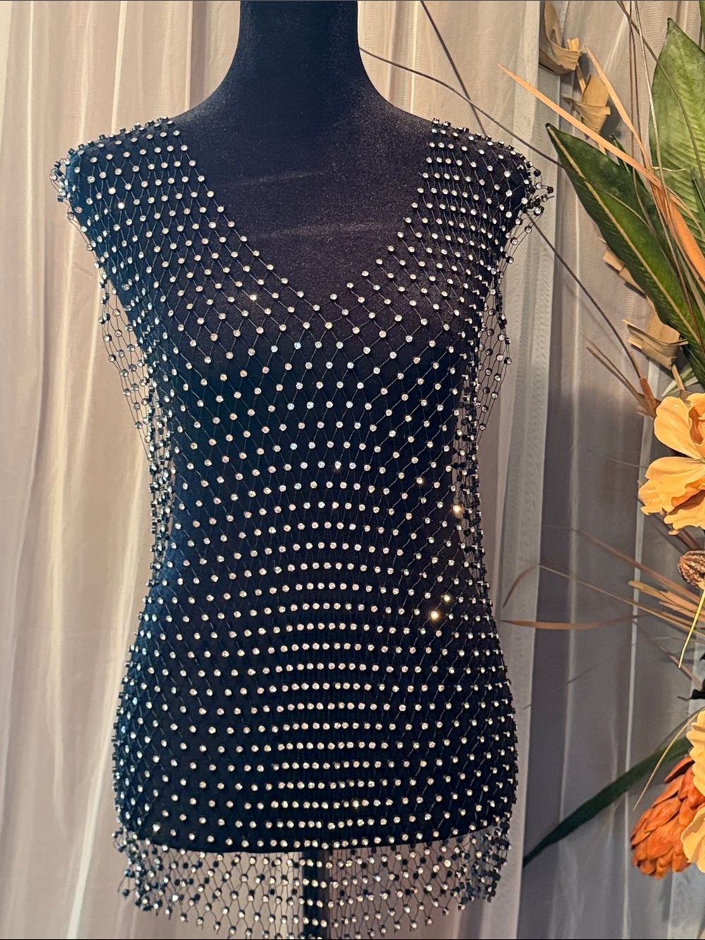 Black Mesh Beaded Sleeveless Top
